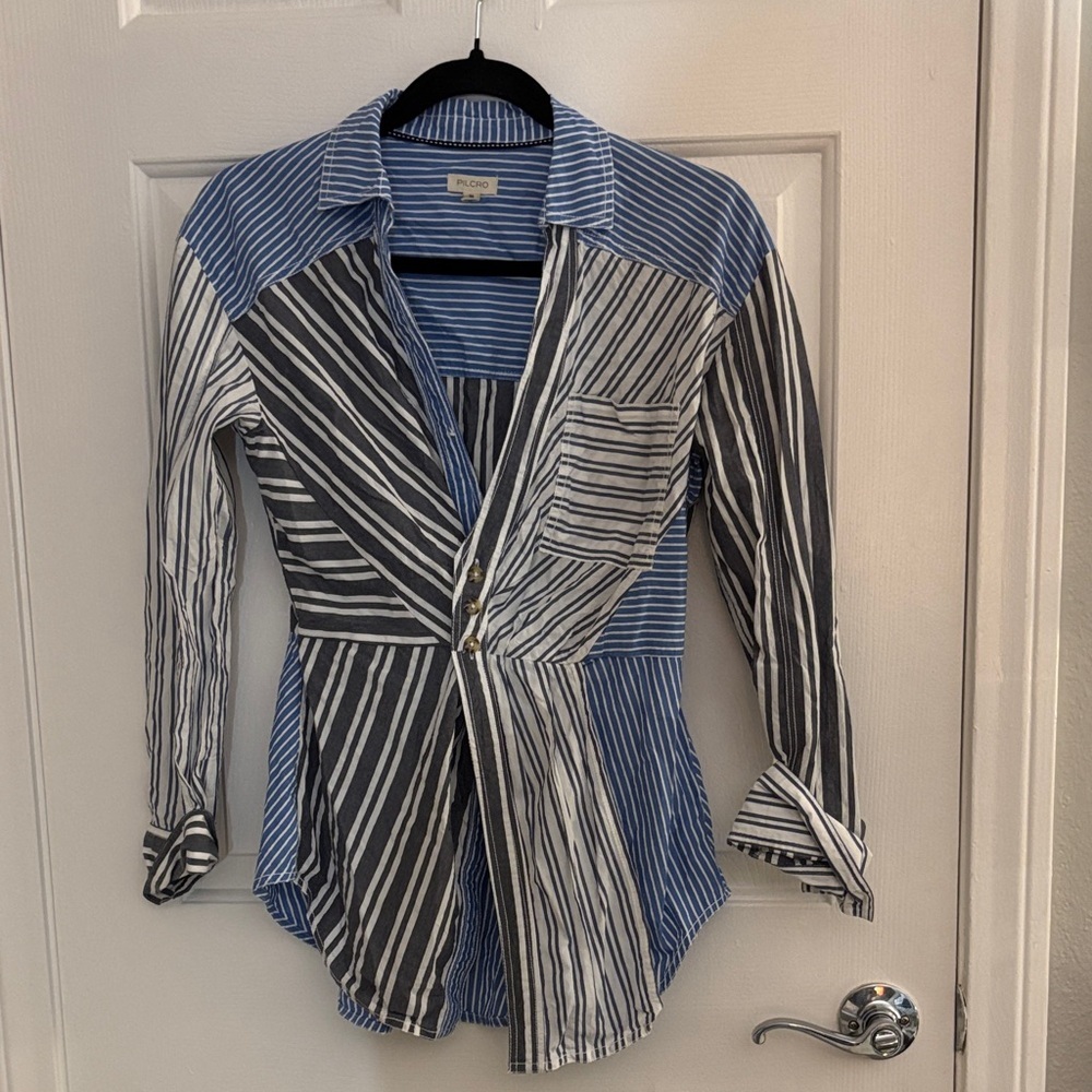 Pilcro Blue & White Striped Patchwork Button-Down